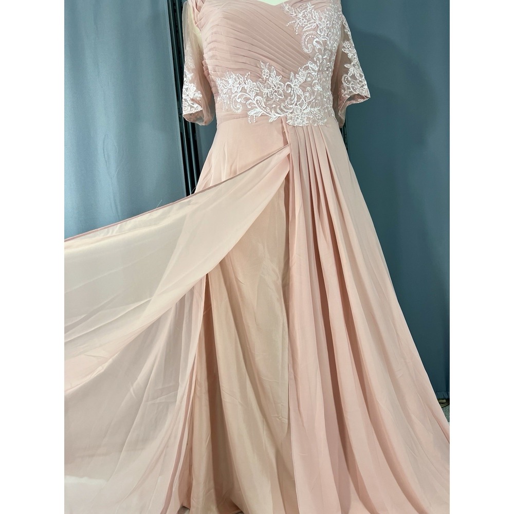 Pink Chiffon Formal Evening Gown Lace Applique A-Line Sz XL Corset Prom Maxi #J - Picture 3 of 7